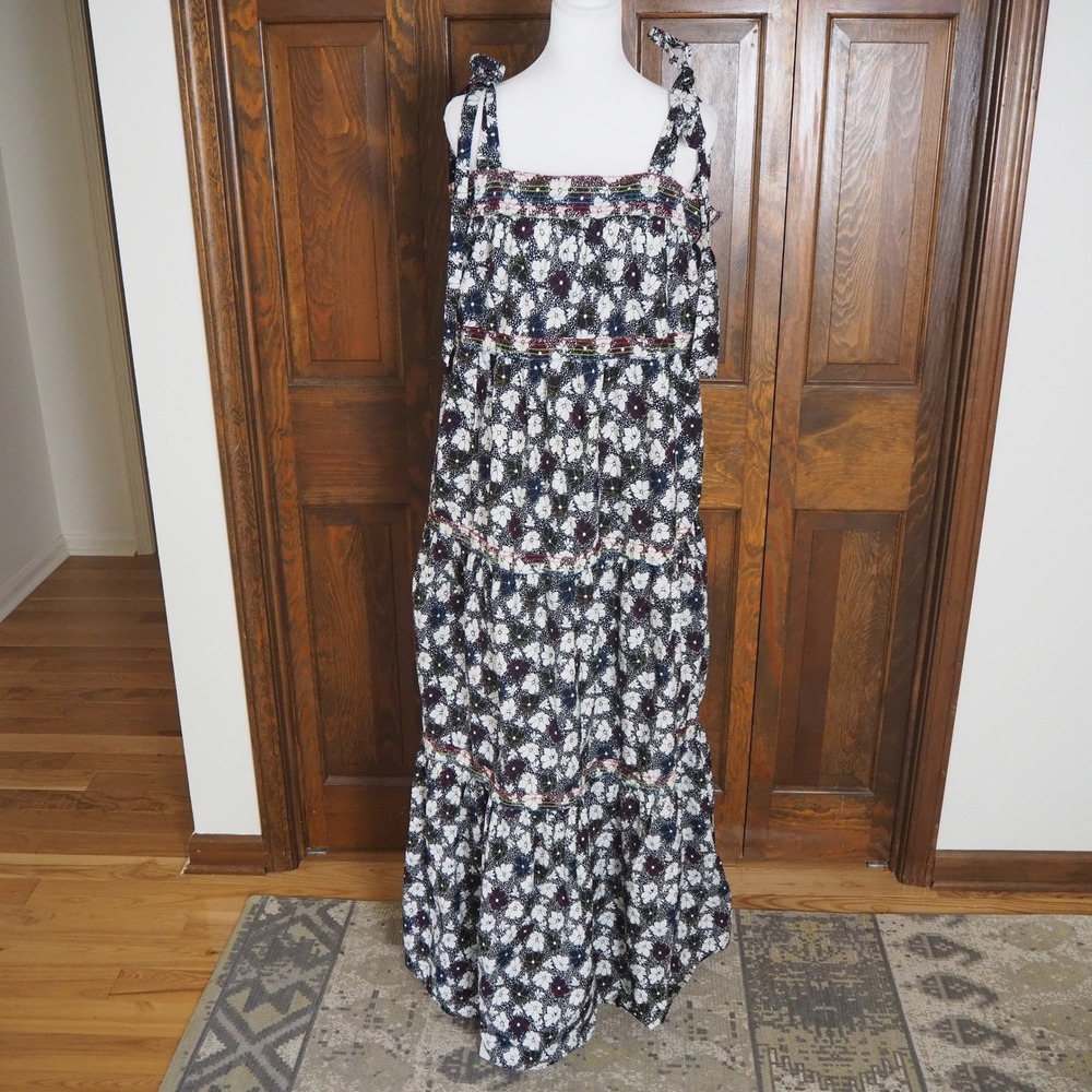 Warm X Anthropologie Big Love Floral Print Tiered Maxi Dress Sz 3 L Tie Shoulder